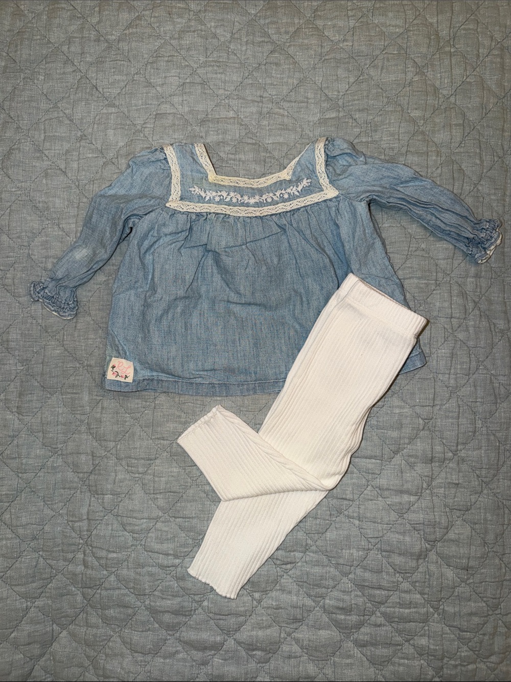 Ralph Lauren Light Blue Embroidered Peasant Top with White Ribbed Leggings